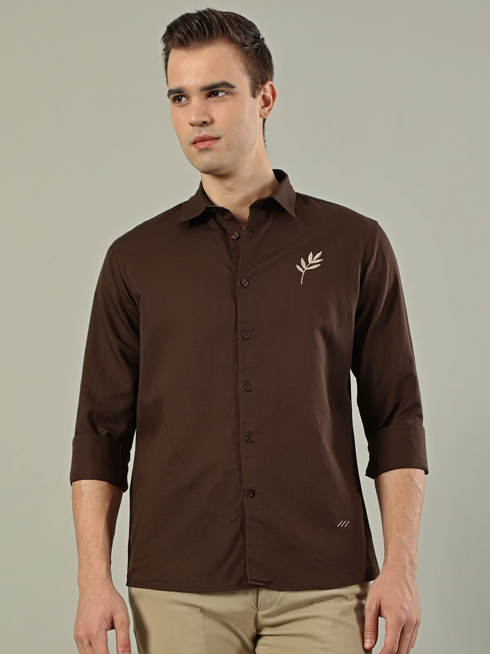Brown Leaf Linen Blend Embroidery Shirt