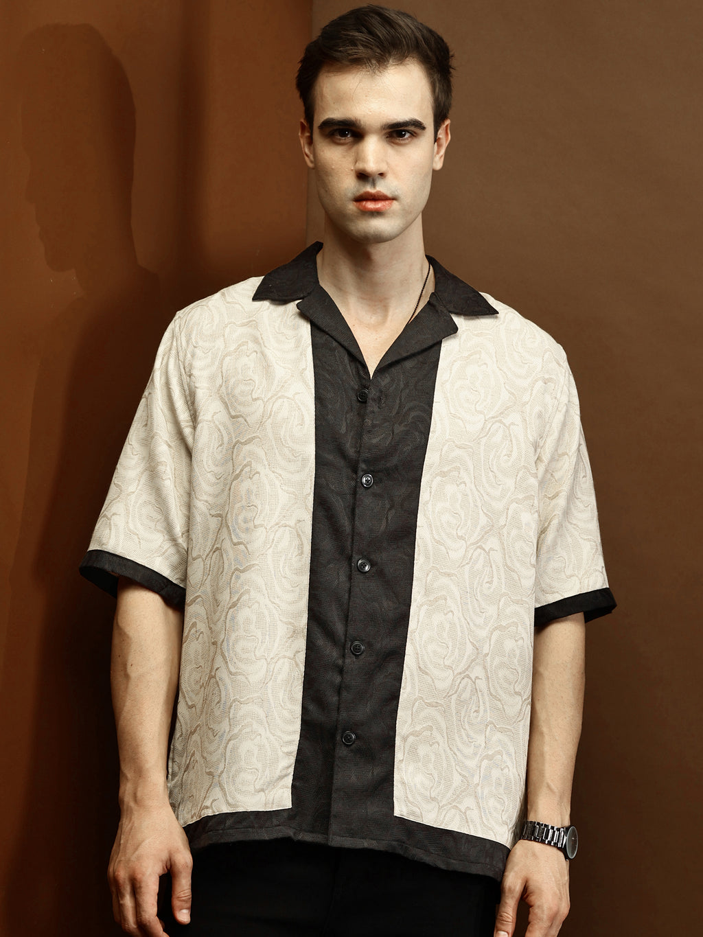 Beige Self Texture Relaxed Boxy Shirt