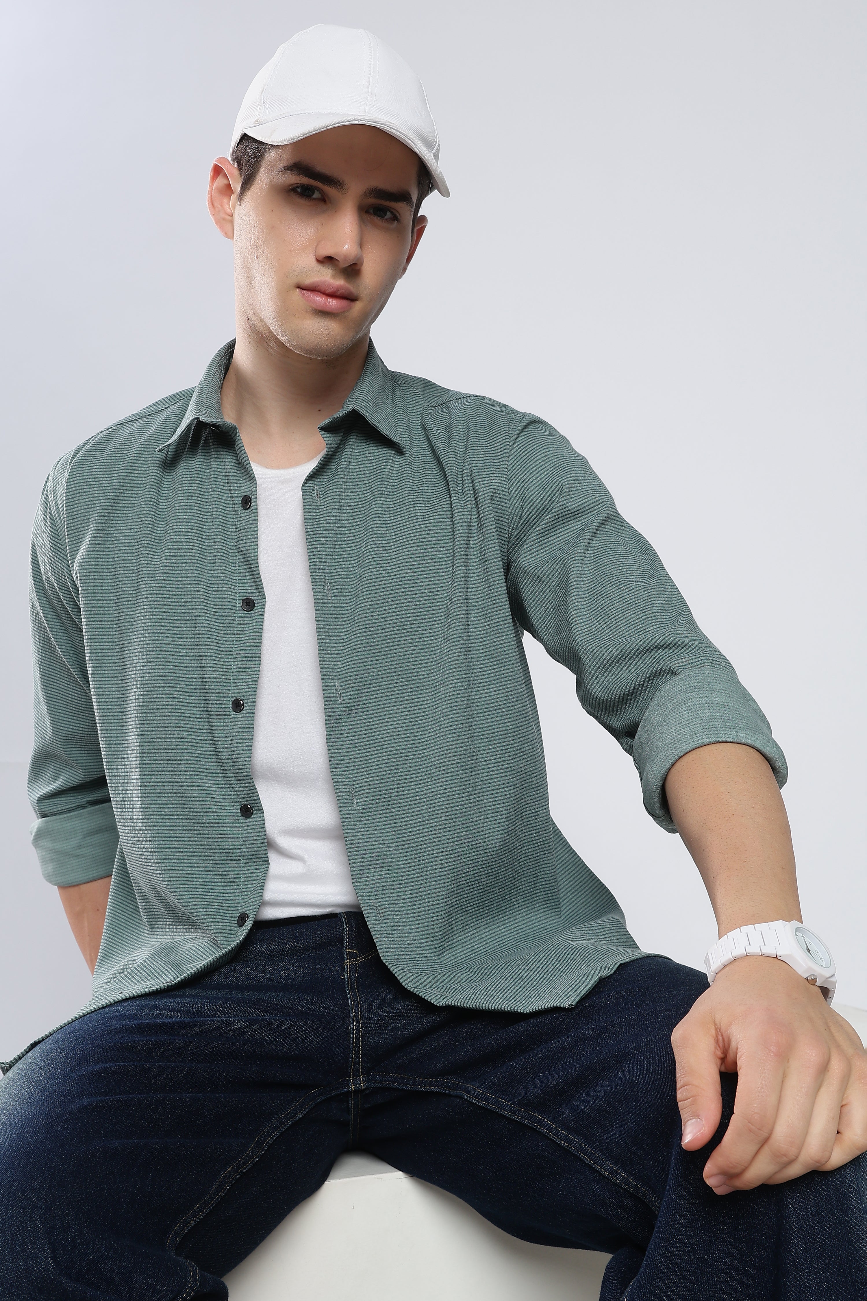 Green Sage Seer Sucker Shirt