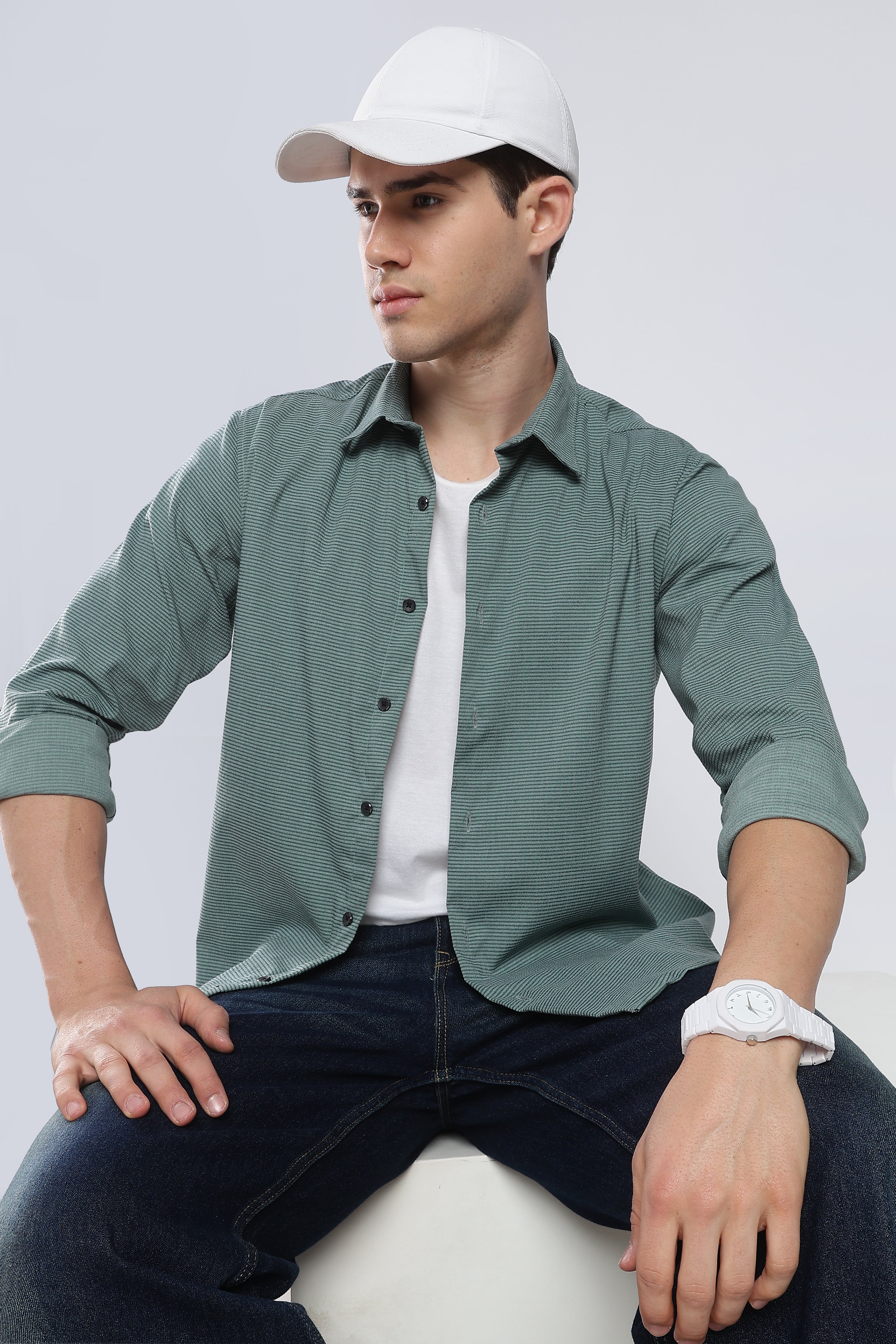 Green Sage Seer Sucker Shirt