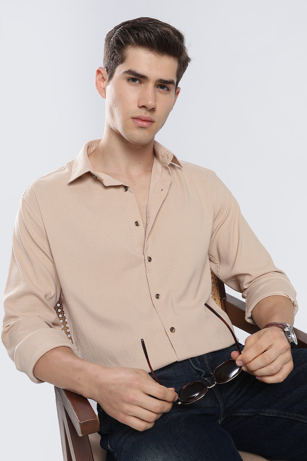 Beige Seer Sucker Shirt