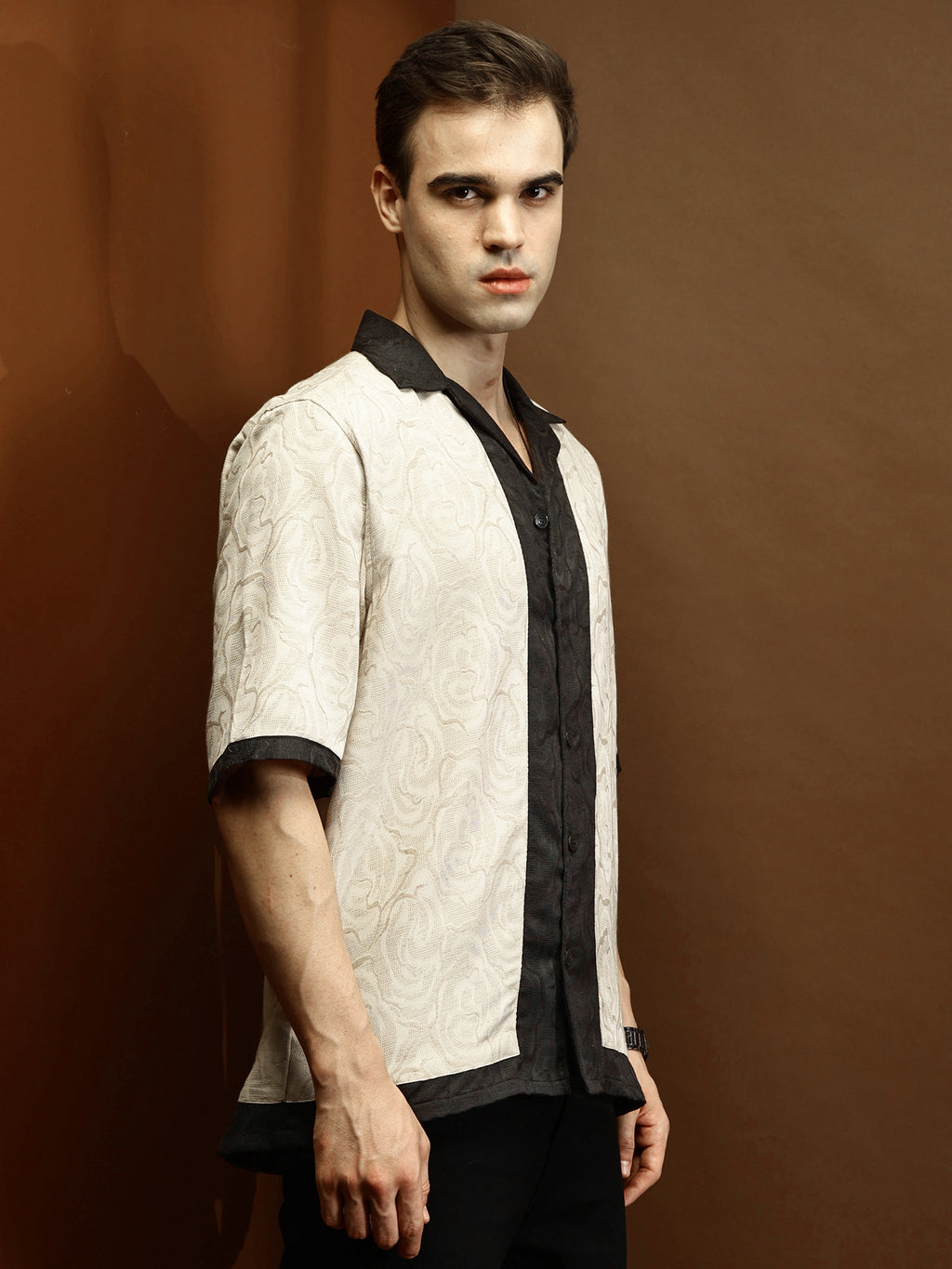 Beige Self Texture Relaxed Boxy Shirt