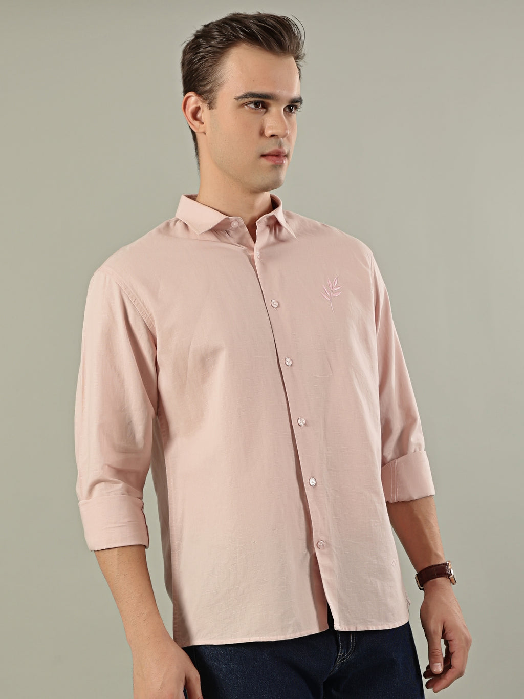 Pink Leaf Linen Blend Embroidery Shirt