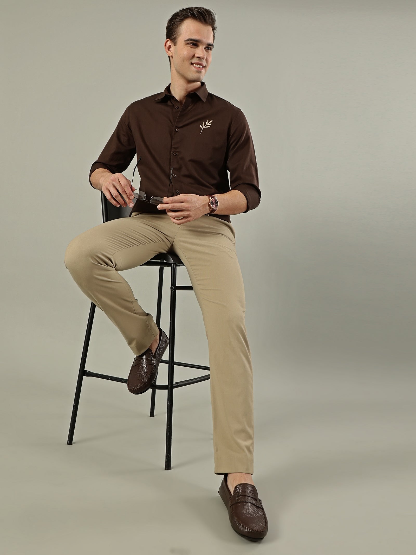 Brown Leaf Linen Blend Embroidery Shirt