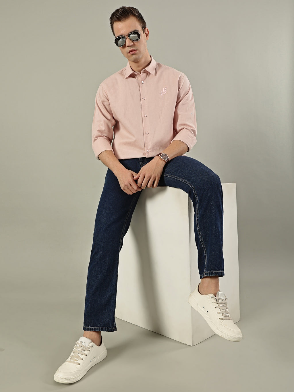 Pink Leaf Linen Blend Embroidery Shirt