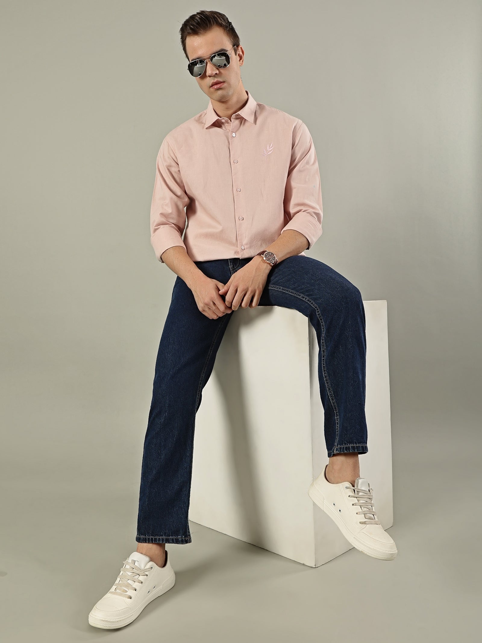 Pink Leaf Linen Blend Embroidery Shirt