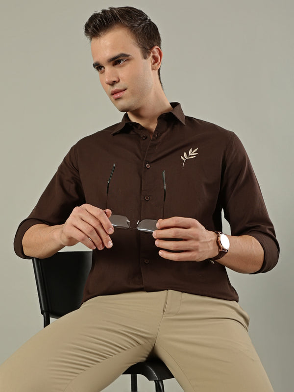Brown Leaf Linen Blend Embroidery Shirt