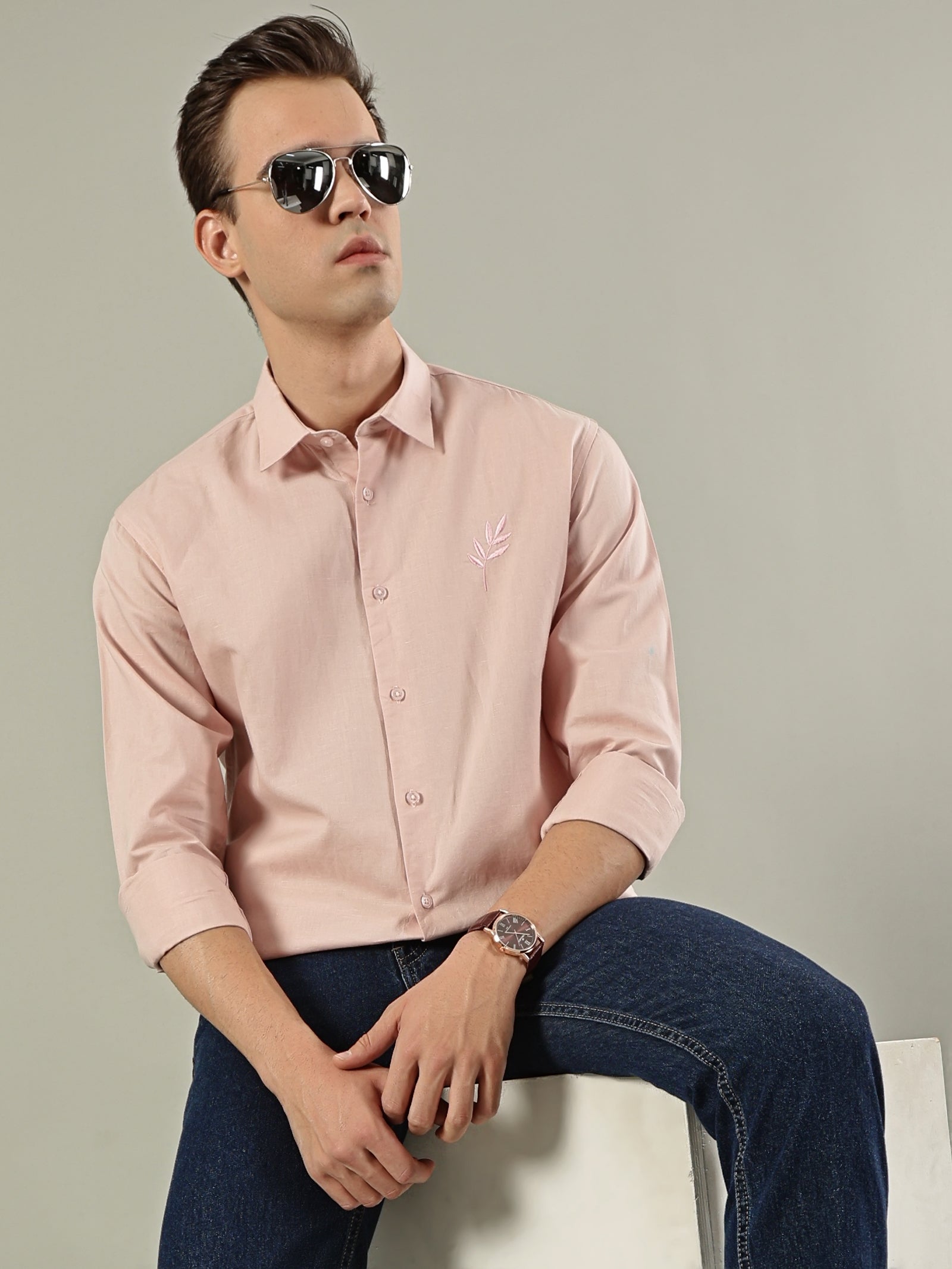 Pink Leaf Linen Blend Embroidery Shirt