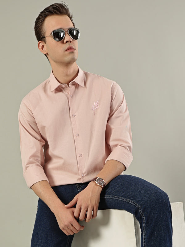 Pink Leaf Linen Blend Embroidery Shirt
