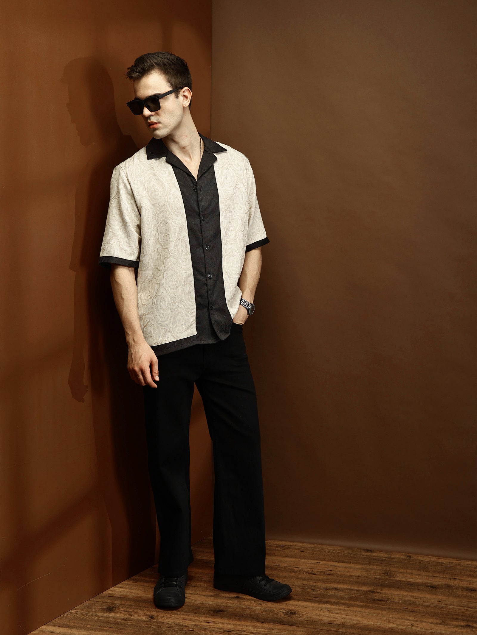 Beige Self Texture Relaxed Boxy Shirt