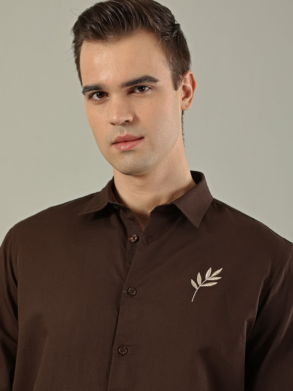 Brown Leaf Linen Blend Embroidery Shirt
