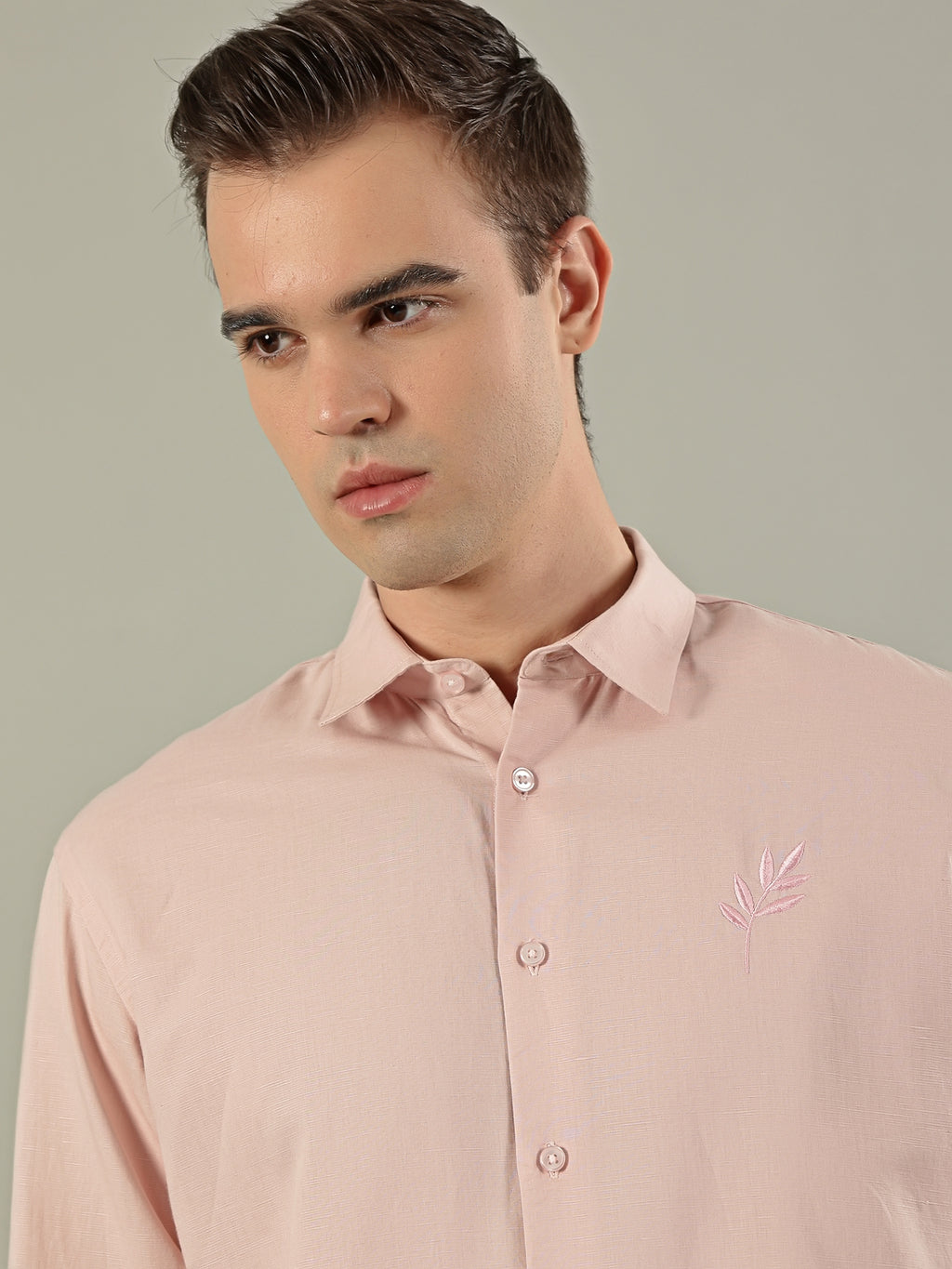 Pink Leaf Linen Blend Embroidery Shirt