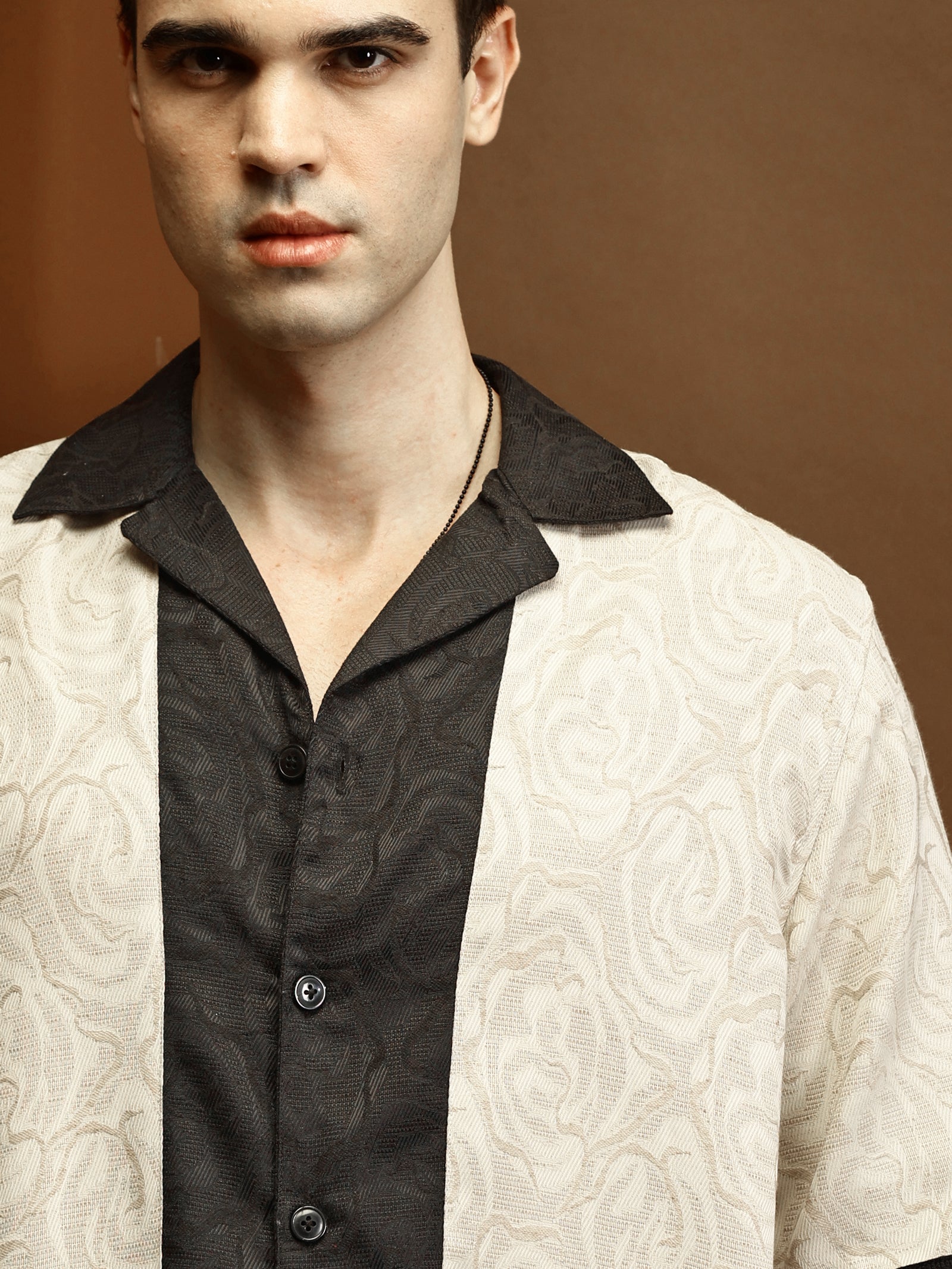 Beige Self Texture Relaxed Boxy Shirt