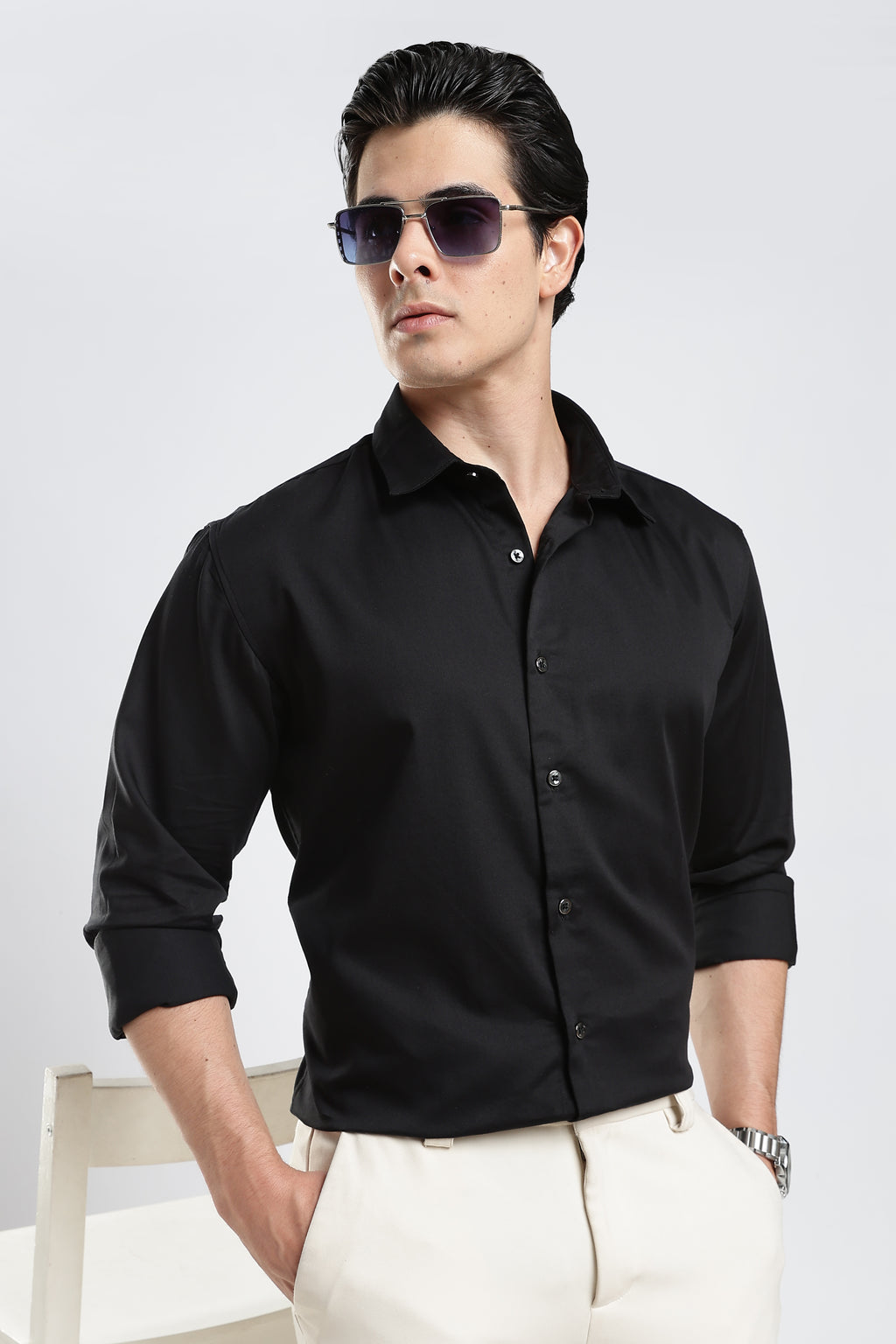 Black Cotton Satin Shirt