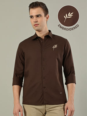Brown Leaf Linen Blend Embroidery Shirt