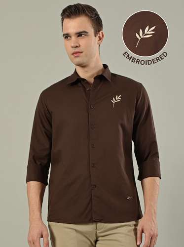 Brown Leaf Linen Blend Embroidery Shirt
