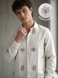 White Blossom Lenin Blend Embroidery Shirt