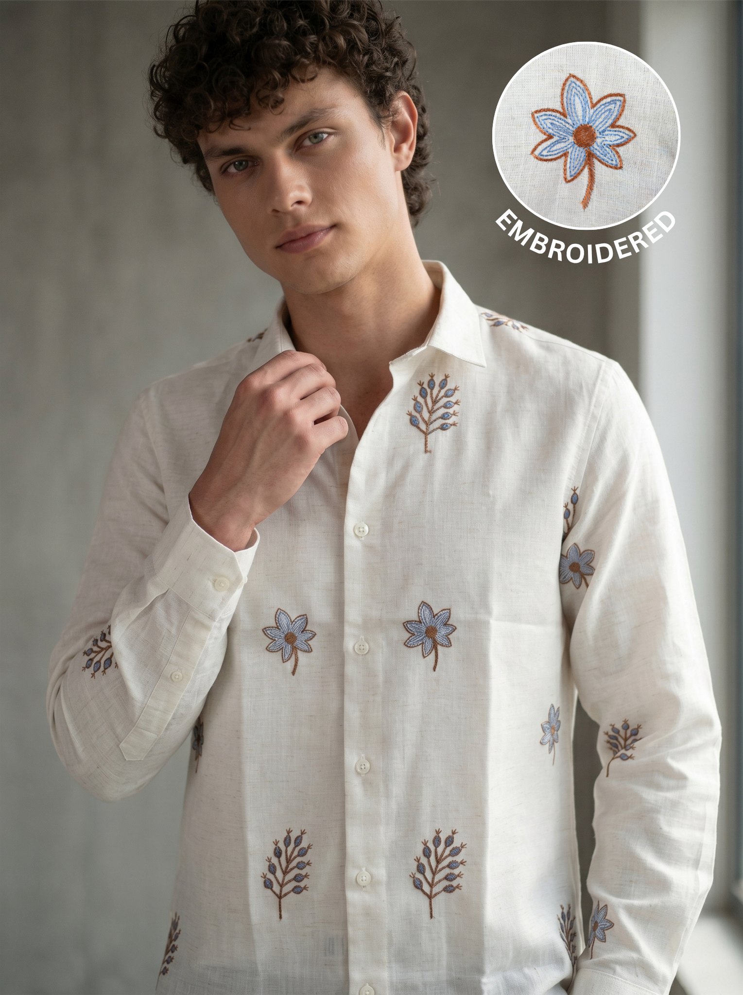 White Blossom Lenin Blend Embroidery Shirt