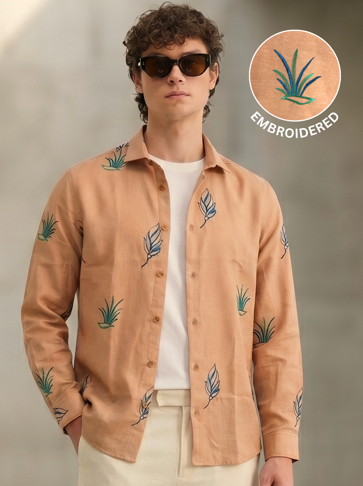 Rust Bloom Linen Blend Embroidery Shirt