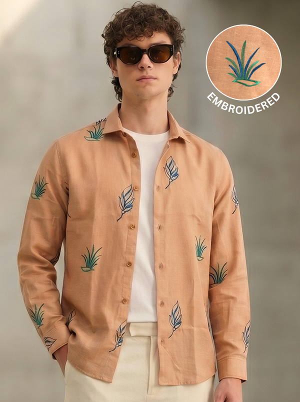 Rust Bloom Linen Blend Embroidery Shirt