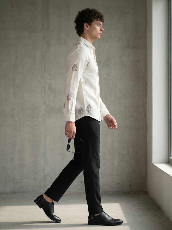 White Blossom Lenin Blend Embroidery Shirt