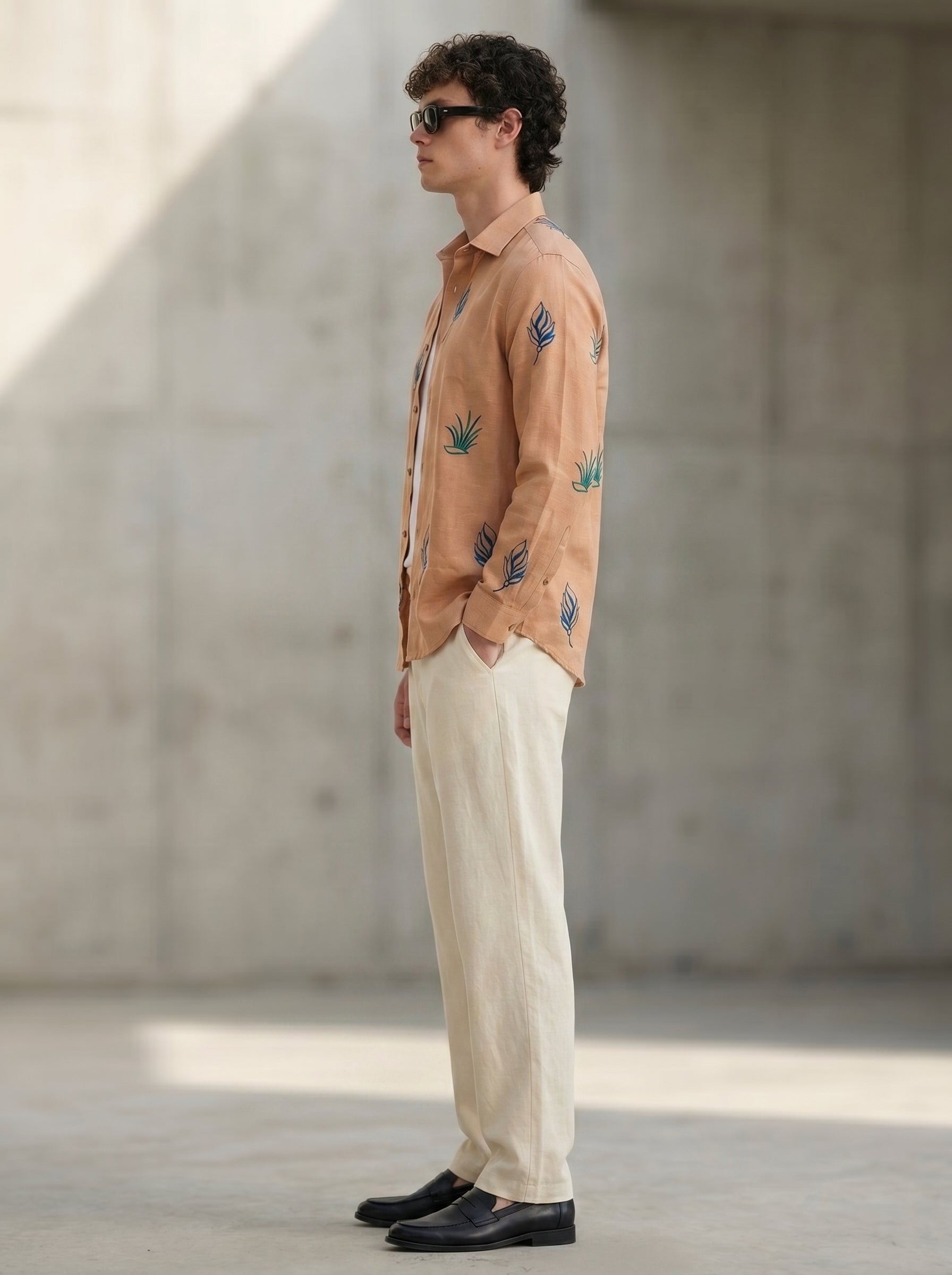 Rust Bloom Linen Blend Embroidery Shirt