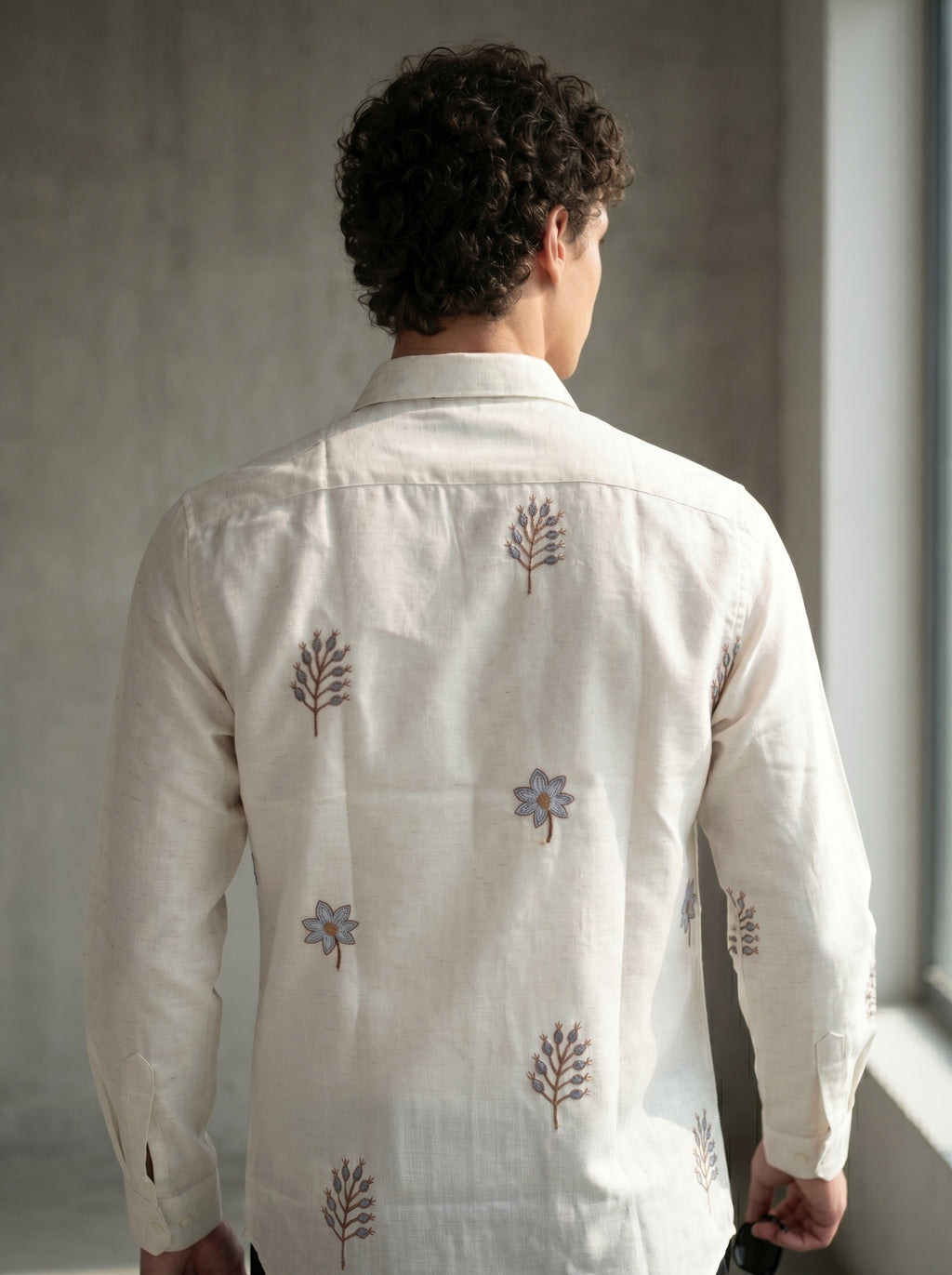 White Blossom Lenin Blend Embroidery Shirt