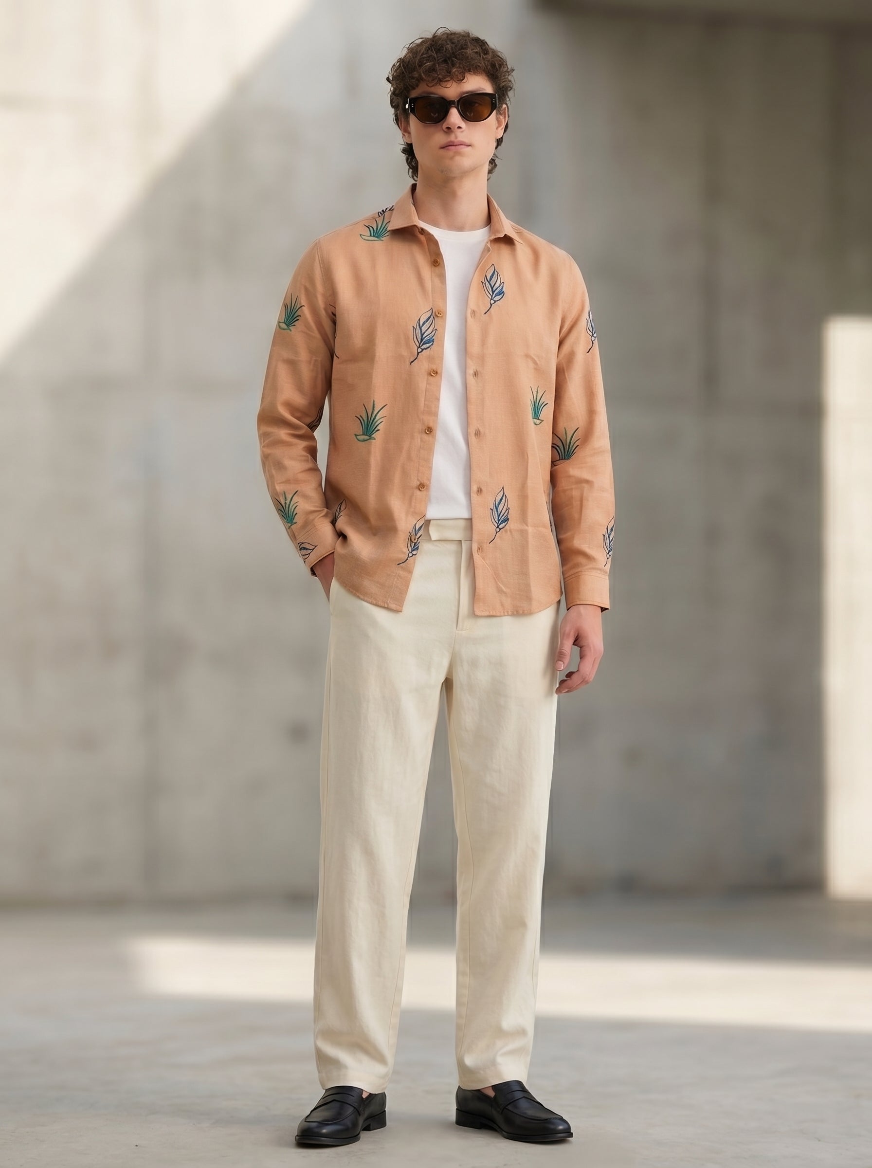 Rust Bloom Linen Blend Embroidery Shirt