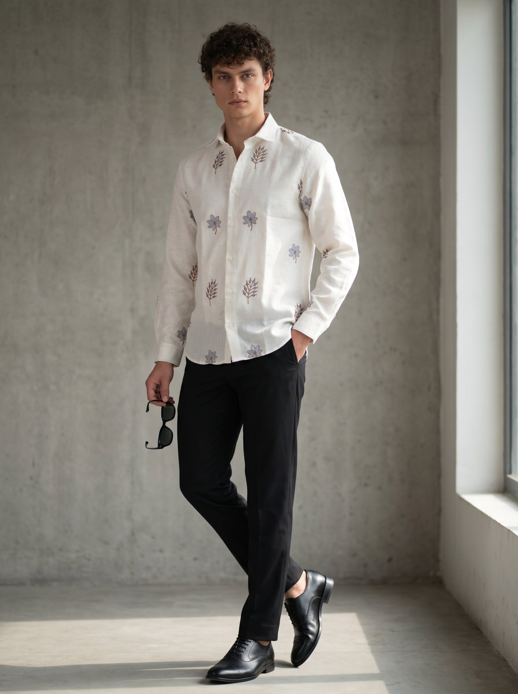 White Blossom Lenin Blend Embroidery Shirt