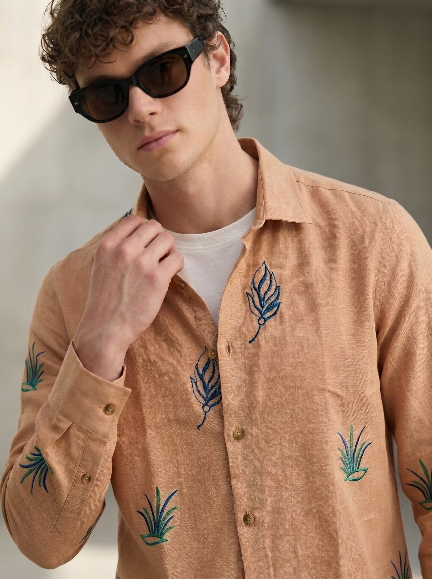 Rust Bloom Linen Blend Embroidery Shirt