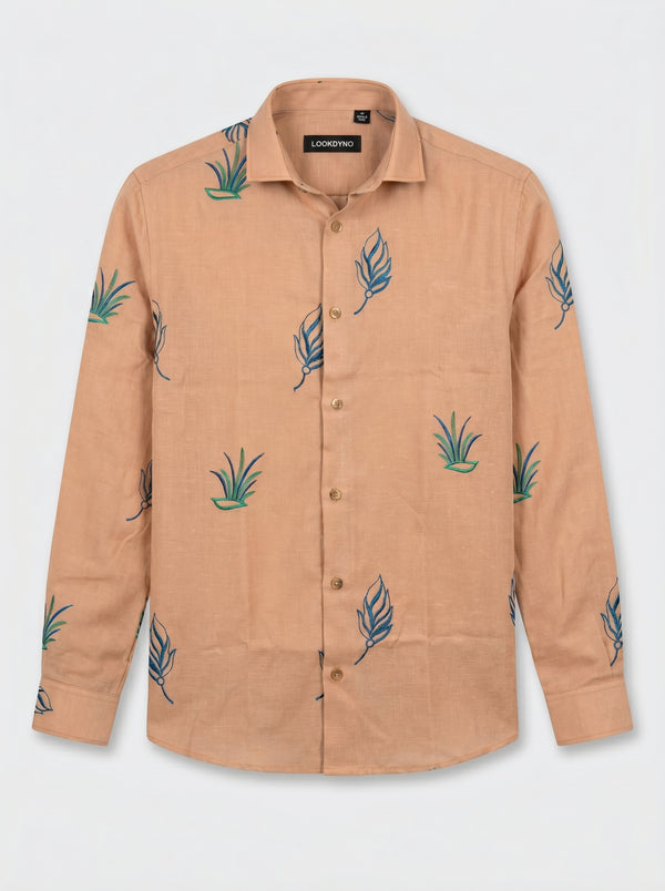 Rust Bloom Linen Blend Embroidery Shirt