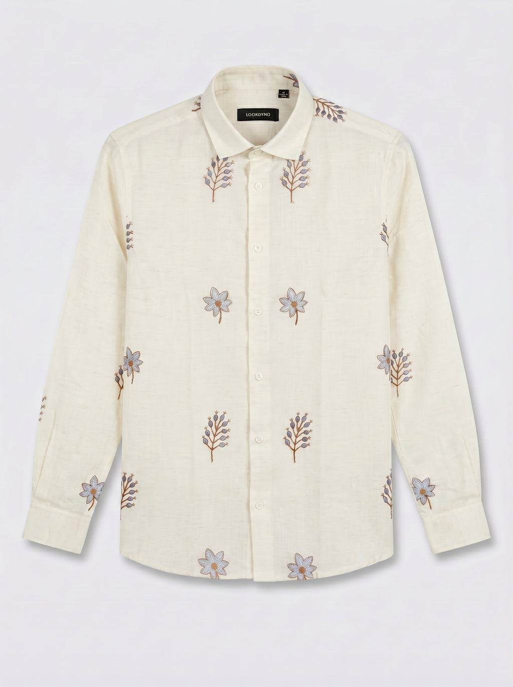 White Blossom Lenin Blend Embroidery Shirt