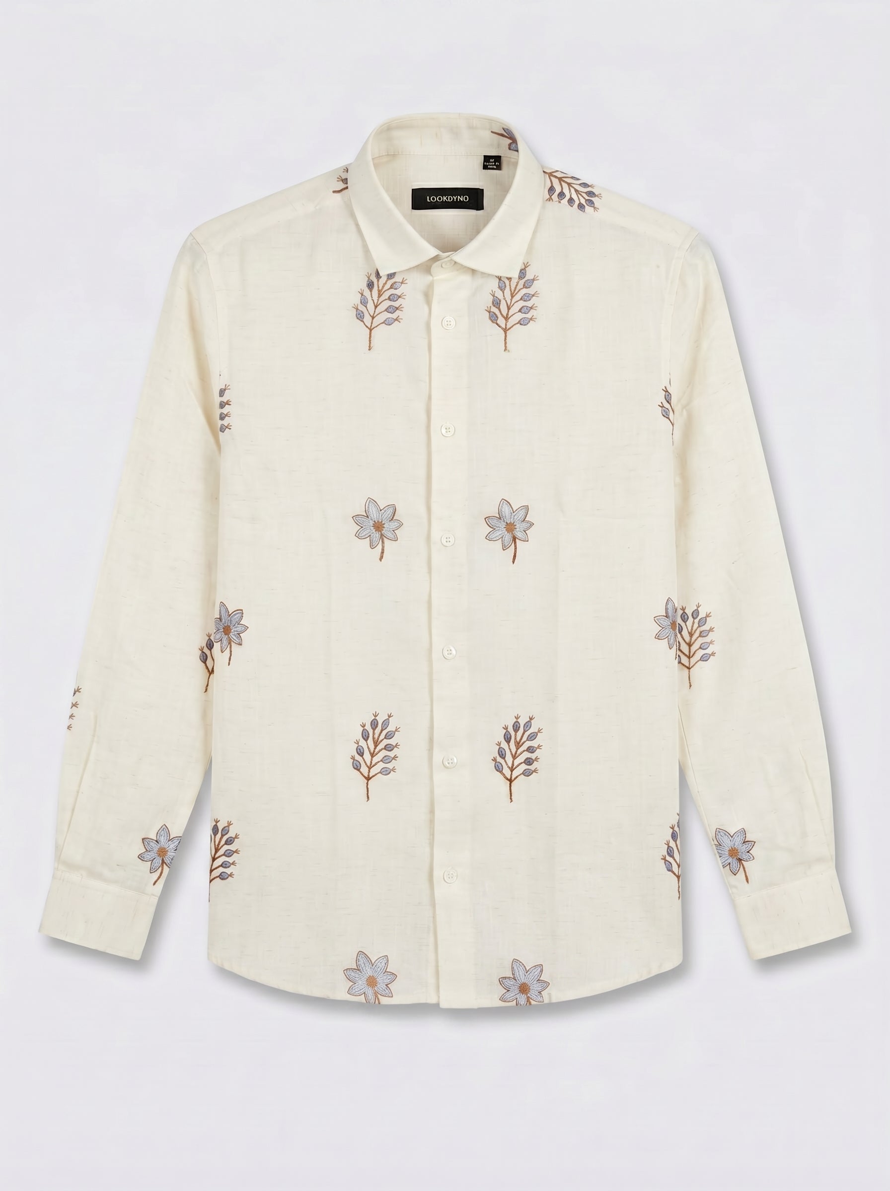 White Blossom Lenin Blend Embroidery Shirt
