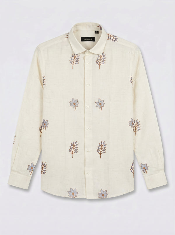 White Blossom Lenin Blend Embroidery Shirt